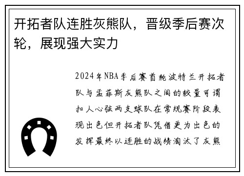 开拓者队连胜灰熊队，晋级季后赛次轮，展现强大实力